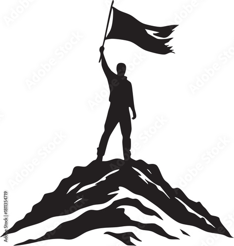 Man with Flag on Mountaintop Silhouette Vector: Achievement, Success, and Victory Concept Illustration