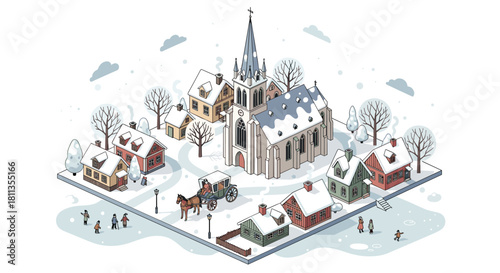 Charming winter village scene with horse-drawn carriage and snow-covered church evokes holiday warmth and nostalgia for seasonal designs