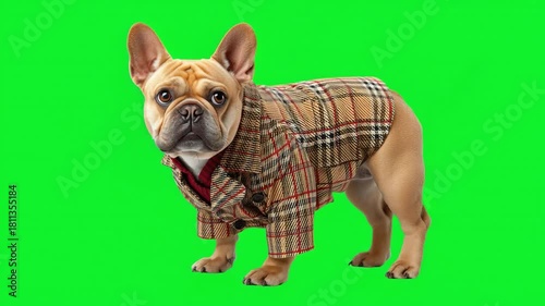 Stylish French Bulldog in a Classic Checkered Suit on a Green Screen Background