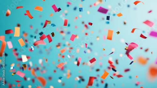 Colorful confetti falling against a bright blue background, creating a cheerful and festive atmosphere with ample copy space