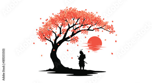 Stunning silhouette of a samurai warrior under a cherry blossom tree with a vibrant sunset in the background, evoking peace and strength