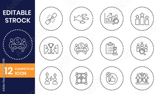 Editable stroke icons depicting diverse coverage, including global reach, market expansion, risk management, and strategic planning for business growth