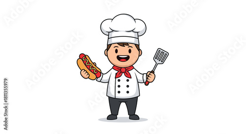 Delightful cartoon chef serving up a delicious hotdog with a smile, perfect for food blogs, restaurant ads, and culinary promotions