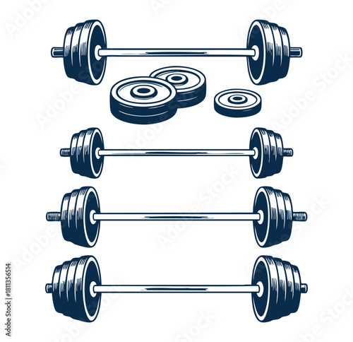 Gym barbells and weight plates