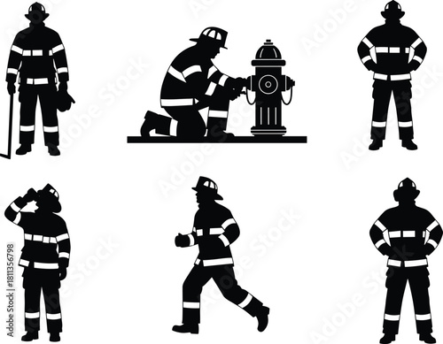 Set of black and white firefighter silhouettes showing various poses like running, standing and using hydrant, vector illustration for emergency rescue services graphic design