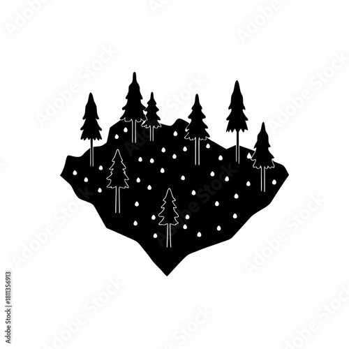Black forest on a black land mass on transparent background silhouette