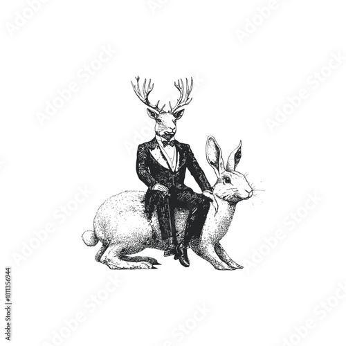 vintage engraving illustration of an anthropomorphic stag in a formal tuxedo and bow tie, confidently riding a large white rabbit or hare