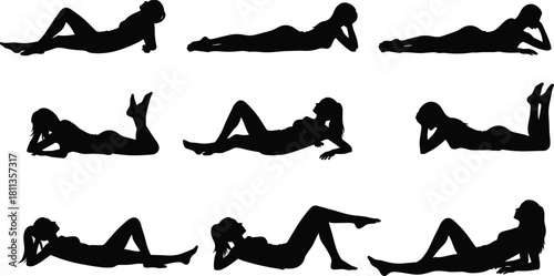 Set of nine black silhouettes featuring women lying down in various poses like relaxing sunbathing and exercising isolated on white background for vector art design