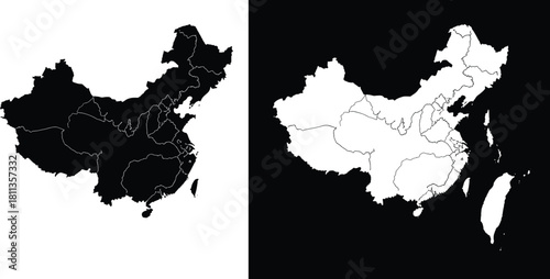 Set of China map silhouettes, black and white vector illustration, asian country geography with provinces, administrative borders, modern graphic design element, chinese republic cartography