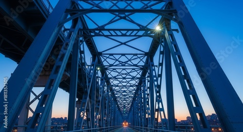 Architectural Perspective Of A Metal Bridge, Blue Tones, Under A Clear Twilight Sky