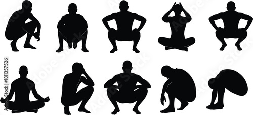 Set of ten black silhouettes featuring bald man in various crouching, squatting and sitting poses isolated on white background for yoga fitness concept design