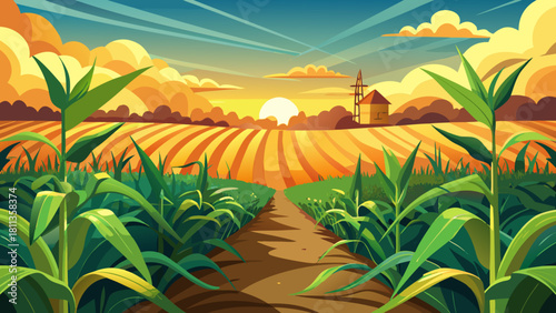 Very beautiful summer harvest scene on a vast corn farm field in rural Ukraine, featuring tall green corn rows, warm sunlight, and active agricultural work capturing the peaceful essence of countrysid