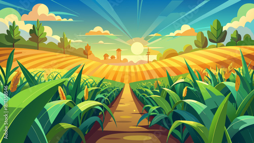 Very beautiful summer harvest scene on a vast corn farm field in rural Ukraine, featuring tall green corn rows, warm sunlight, and active agricultural work capturing the peaceful essence of countrysid