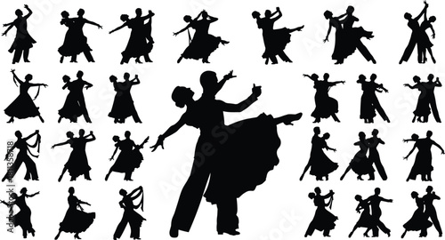 Ballroom dance silhouette set featuring elegant couples performing waltz tango and latin steps vector illustration collection.