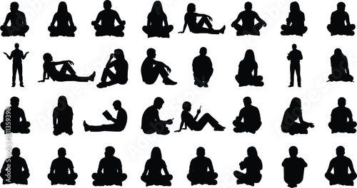 Diverse collection of people sitting silhouettes vector showing men and women relaxing on floor for architectural visualization and leisure design.