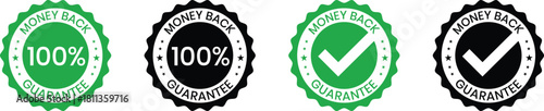 Money back guarantee 100% badge set green stamp with checkmark Icon vector Illustration.