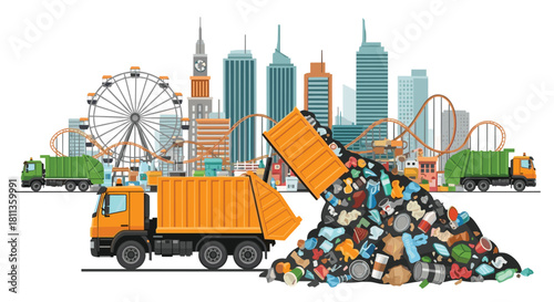 City skyline with amusement park and garbage trucks dumping waste, a concept for environmental issues and waste management solutions