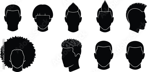 Set of Male Head Silhouettes with Diverse Hairstyles, Vector Barbershop Haircut Collection Isolated on White Background