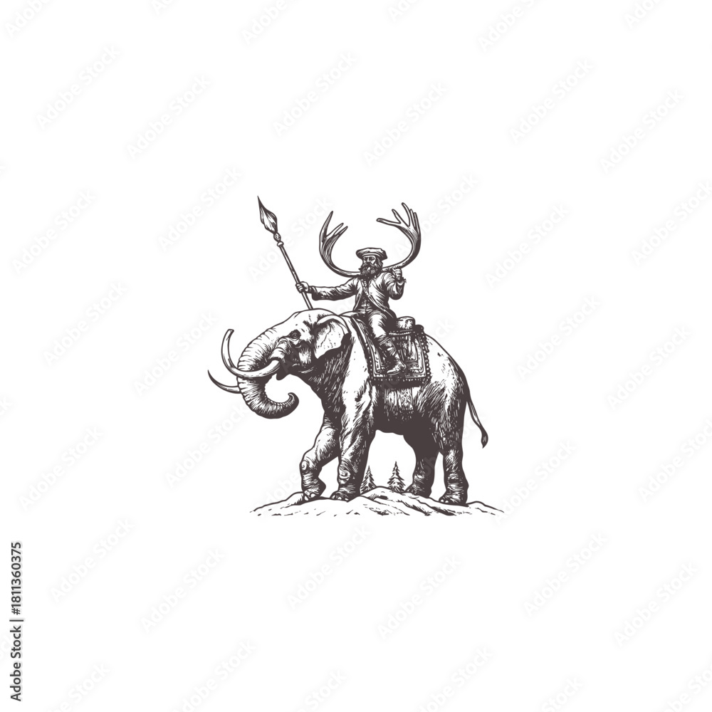 Naklejka premium vintage engraving illustration of a large elephant being ridden by a figure wearing stag antlers and holding a spear or staff