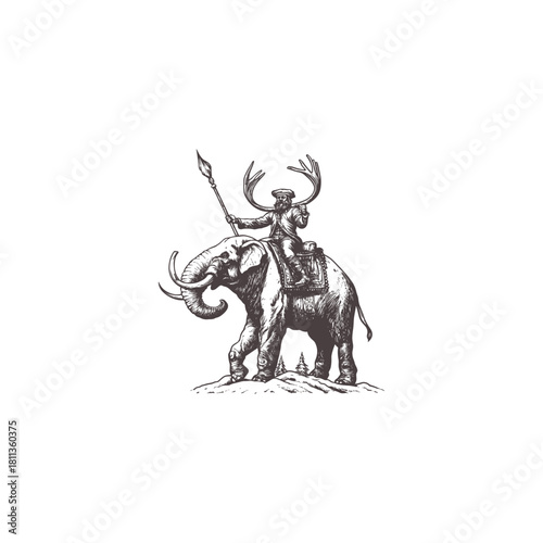 vintage engraving illustration of a large elephant being ridden by a figure wearing stag antlers and holding a spear or staff