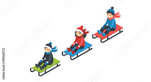 Happy children enjoying winter fun sledding down a snowy hill, perfect for family activities and holiday promotions, embodying joy and excitement