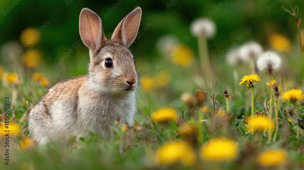Fototapeta premium Soft rabbit in vibrant meadow adorned with dandelions, showcasin
