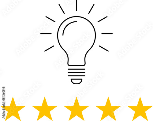 5 star rating and glowing bulb emphasizing ideas, reviews, feedback, innovation, goals. Creativity, teamwork, quality improvement evaluation user experience illustration
