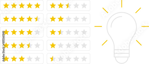 5 star rating and glowing bulb emphasizing ideas, reviews, feedback, innovation, goals. Creativity, teamwork, quality improvement evaluation user experience illustration