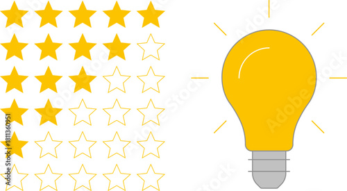 5 star rating and glowing bulb emphasizing ideas, reviews, feedback, innovation, goals. Creativity, teamwork, quality improvement evaluation user experience illustration