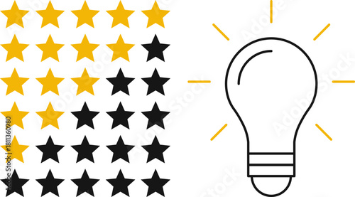 5 star rating and glowing bulb emphasizing ideas, reviews, feedback, innovation, goals. Creativity, teamwork, quality improvement evaluation user experience illustration