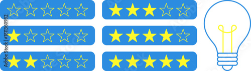 5 star rating and glowing bulb emphasizing ideas, reviews, feedback, innovation, goals. Creativity, teamwork, quality improvement evaluation user experience illustration