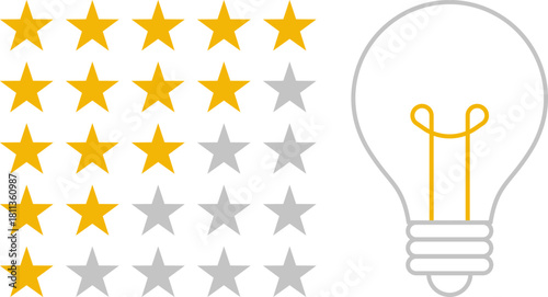 5 star rating and glowing bulb emphasizing ideas, reviews, feedback, innovation, goals. Creativity, teamwork, quality improvement evaluation user experience illustration