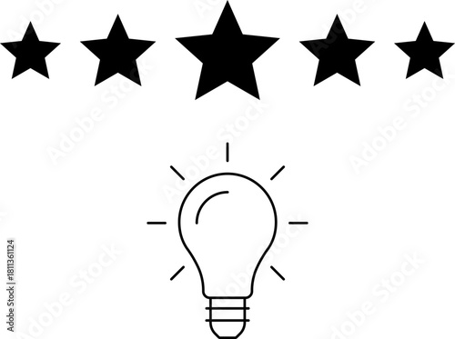 5 star rating and glowing bulb emphasizing ideas, reviews, feedback, innovation, goals. Creativity, teamwork, quality improvement evaluation user experience illustration