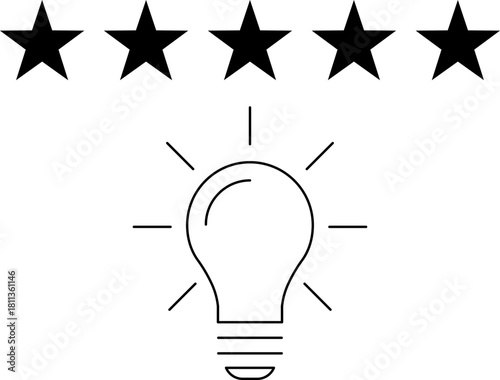 5 star rating and glowing bulb emphasizing ideas, reviews, feedback, innovation, goals. Creativity, teamwork, quality improvement evaluation user experience illustration