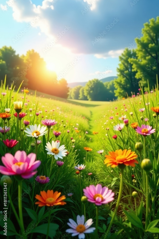 Fototapeta premium Sunlit meadow ablaze with wildflowers, idyllic summer scene , flora, yellow