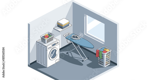 Organized laundry room illustration with modern washing machine, ironing board, and colorful laundry baskets for a clean, fresh aesthetic