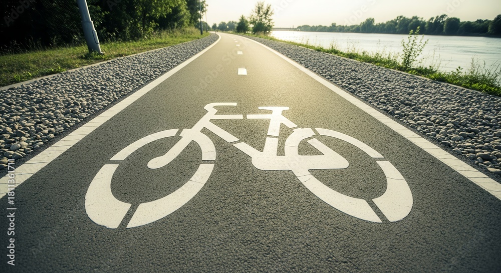 Obraz premium Bike Lane Sunlight: Scenic Pathway Next to Calm River, Promoting Cycling and Activity