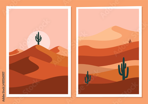 Desert landscape with cacti and sand dunes under a warm sun, two minimalist illustrations for wall art