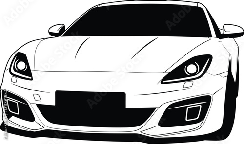 Vector illustration of modern sports car front view, black and white outline drawing, fast vehicle silhouette for automotive design, luxury transportation sedan icon set