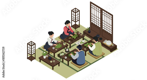 People preparing tea leaves in traditional Korean clothing for elegant ceremony in serene setting showing culture and peaceful lifestyle