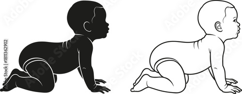 Vector illustration set of crawling baby silhouette and outline, cute infant child exploring on hands and knees, black and white isolated graphic design element
