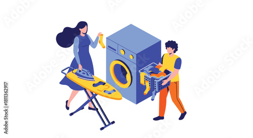 Couple doing laundry together at home with modern washing machine and ironing board, sharing chores and enjoying domestic life in vibrant style