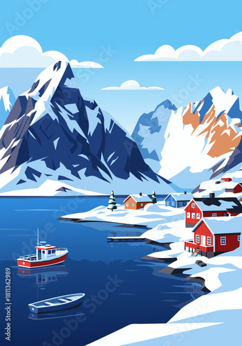 Scenic winter village by the snowy fjord with mountains, a boat, and red houses under a clear blue sky