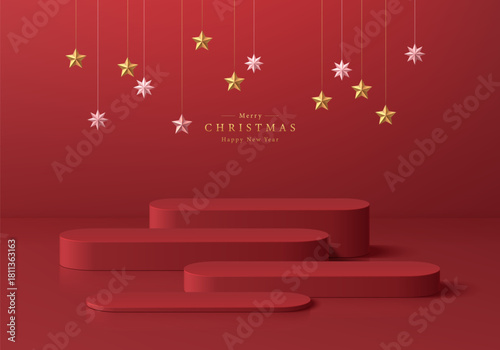 Red round product podium 3D background with empty space. Christmas new year theme. Abstract composition minimalist design. Studio display showroom stands pedestal, Fashion stage showcase mockup scene.
