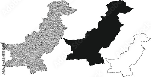 Vector map set of Pakistan including black silhouette, outline and dotted halftone styles, South Asian country geography for infographic design, isolated white background illustration