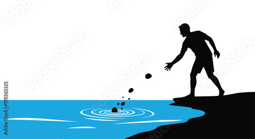 Silhouette of a man skipping stones on a bright sunny day near the ocean, enjoying the simple pleasures of life and a beautiful view of the water