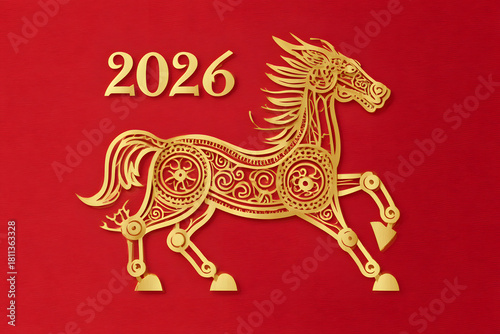 Golden 2026 zodiac horse in elegant line-art New Year design

