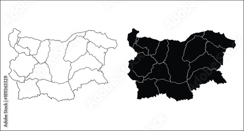 Vector map of Bulgaria with provinces, black silhouette and outline illustration, detailed Balkan country geography, East European nation border isolated on white background set