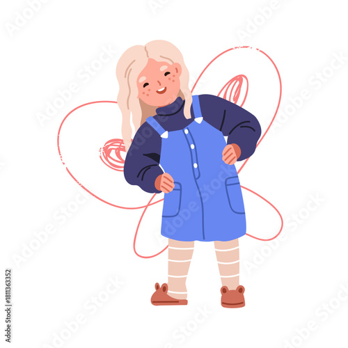 Girl with drawn wings behind. Cute child smiling, pretending butterfly, chalk painting, costume. Happy funny playful kid, creative imagination. Flat vector illustration isolated on white background