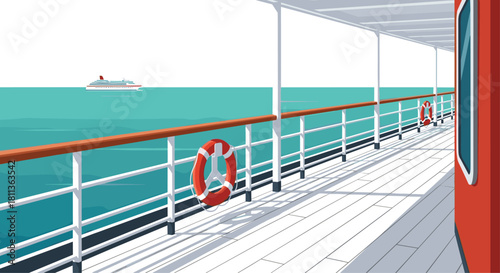 The allure of the open sea with a cruise ship deck view, promising adventure and relaxation on a vibrant ocean journey